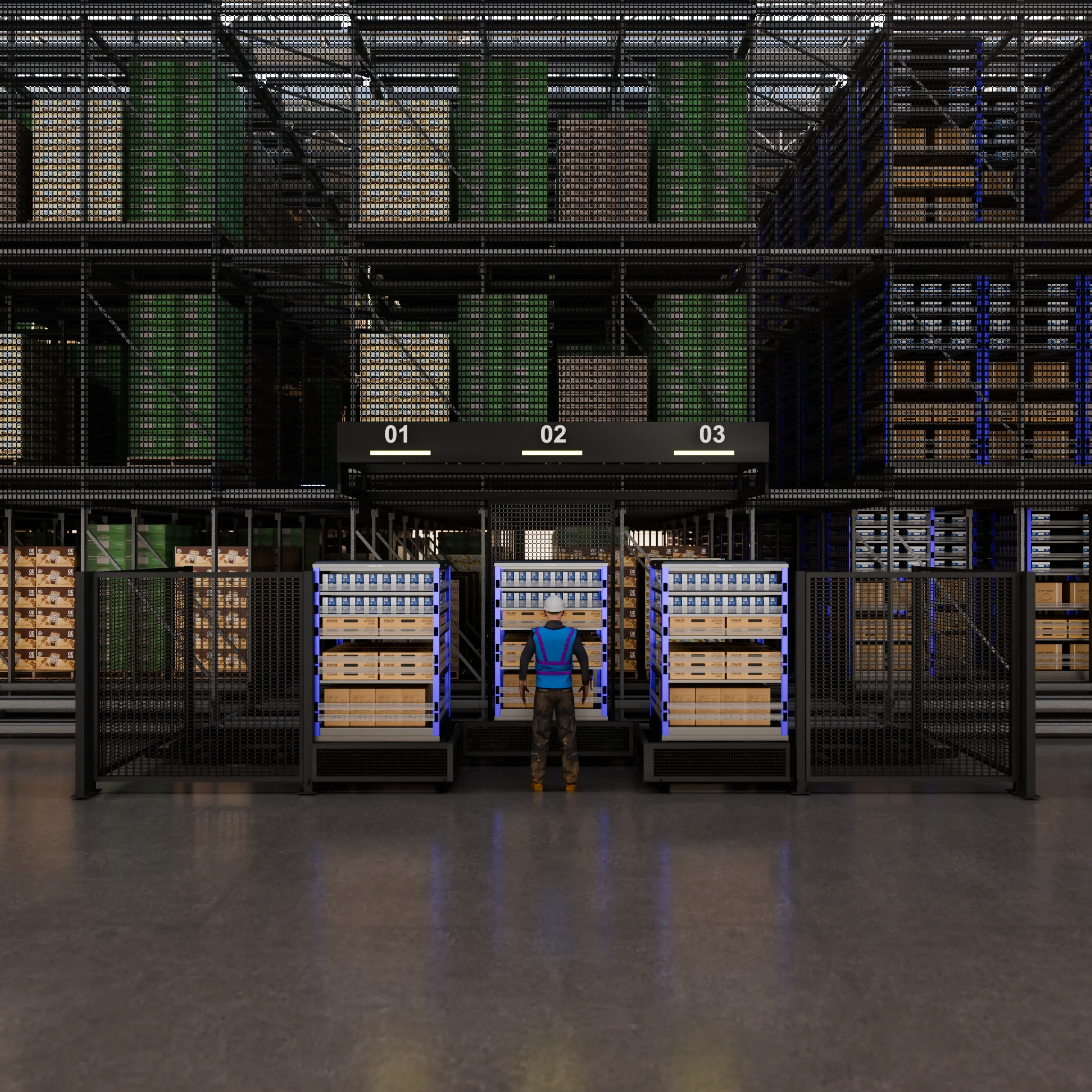 Isometric 3D rendering of warehouse GTP picking station with pallet system