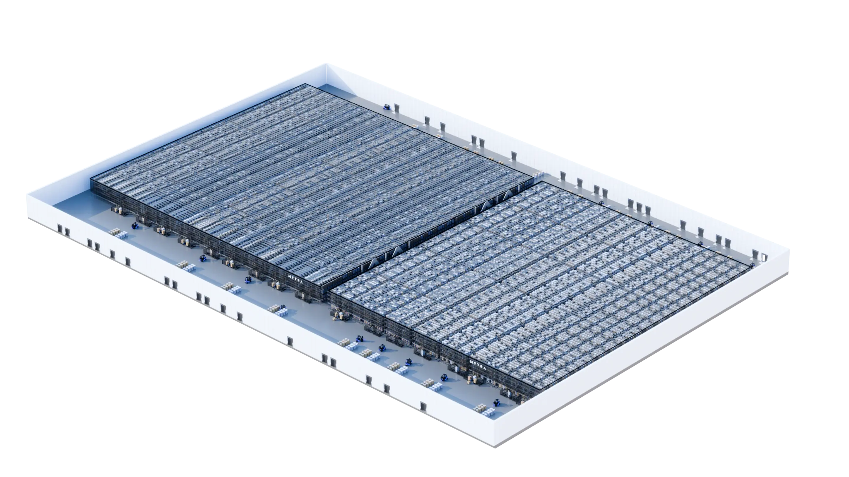 Isometric illustration of a large industrial rooftop with solar panels installed across two sections