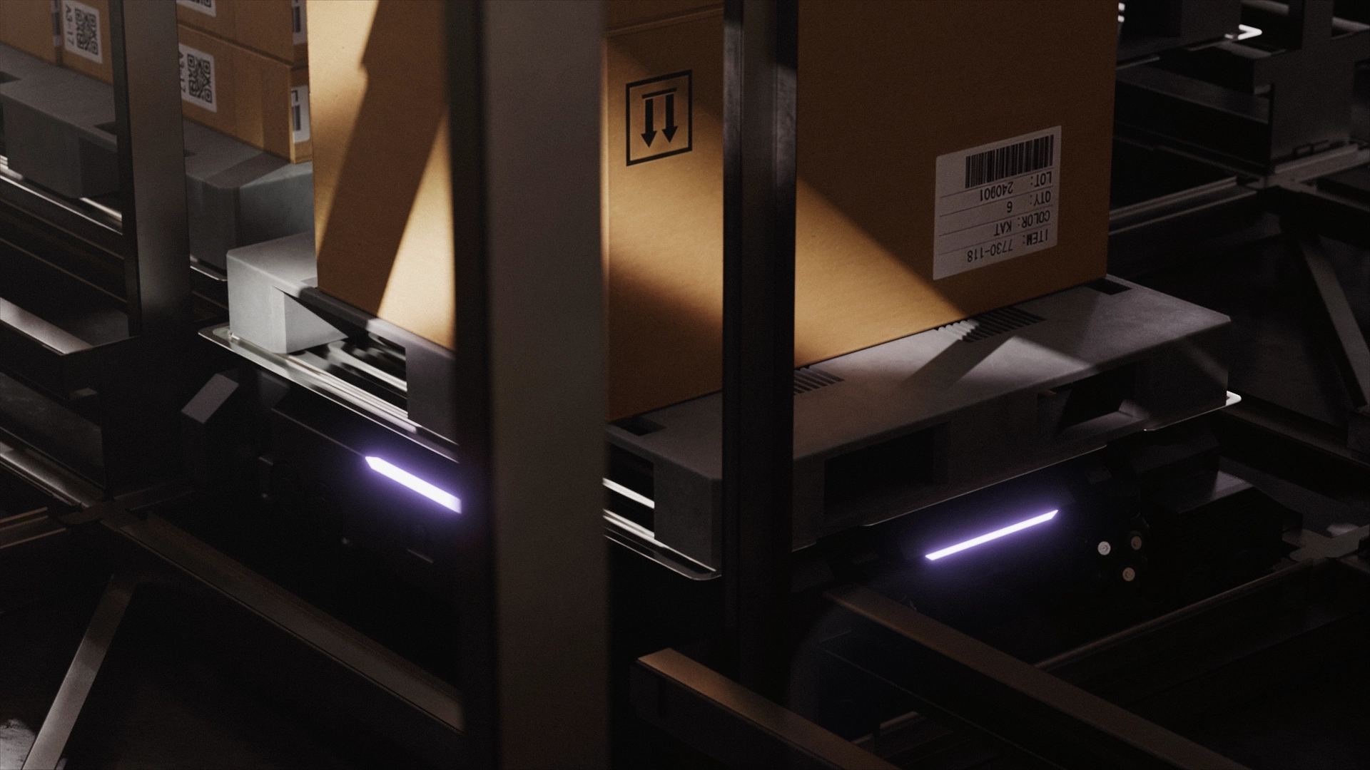 3D printer with illuminated base and cardboard boxes on shelves under warm overhead lighting