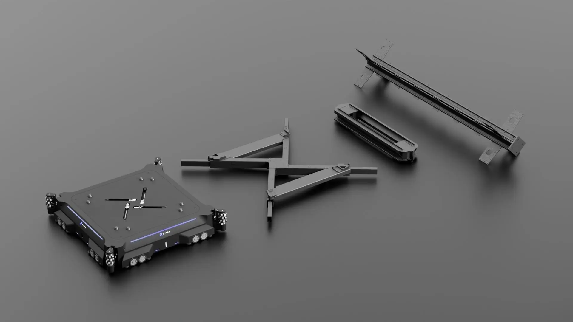 Exploded view of mechanical parts and track components on gray surface.