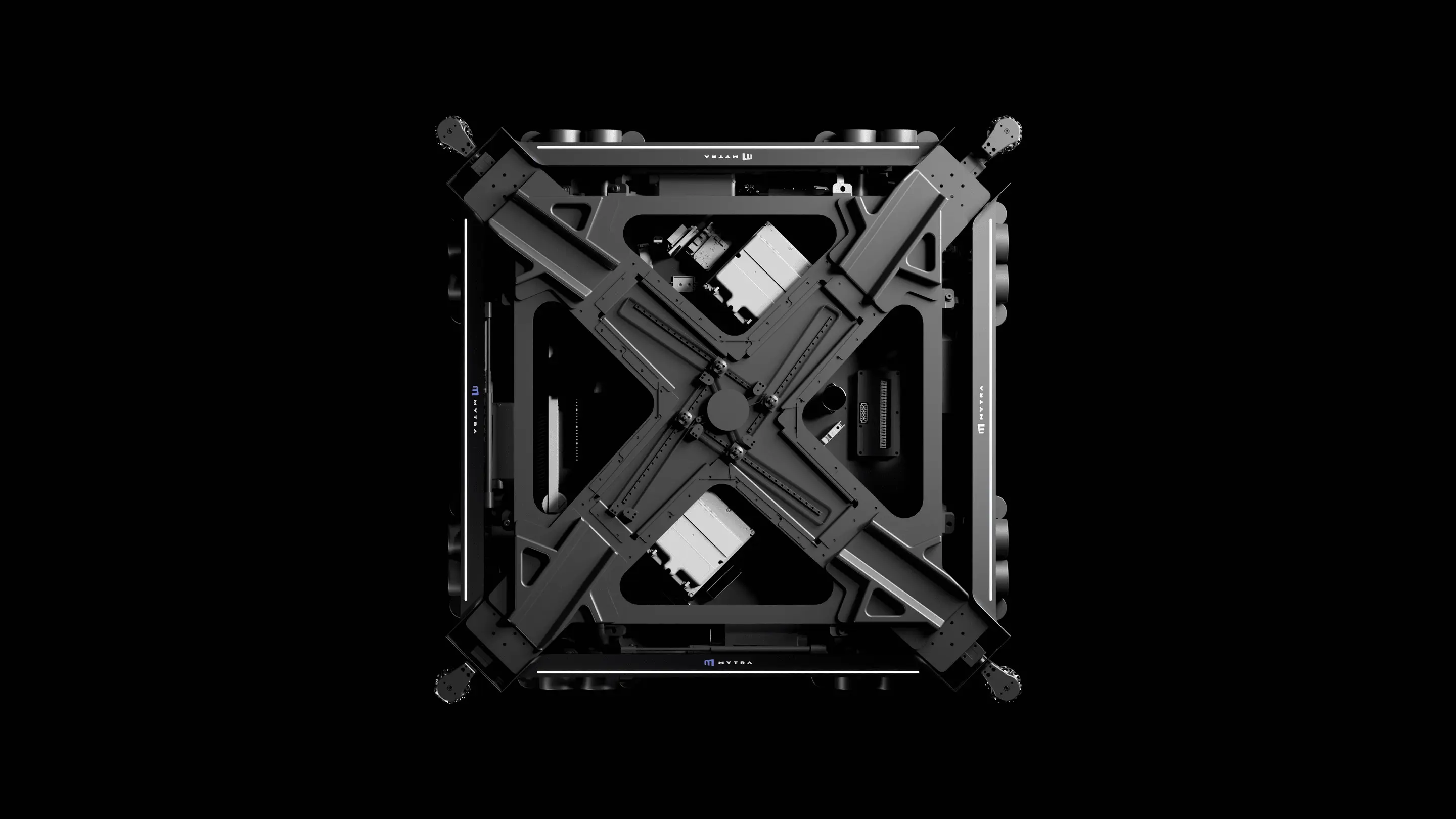 Overhead view of industrial robotic platform with dual mechanical arms and blue accents.