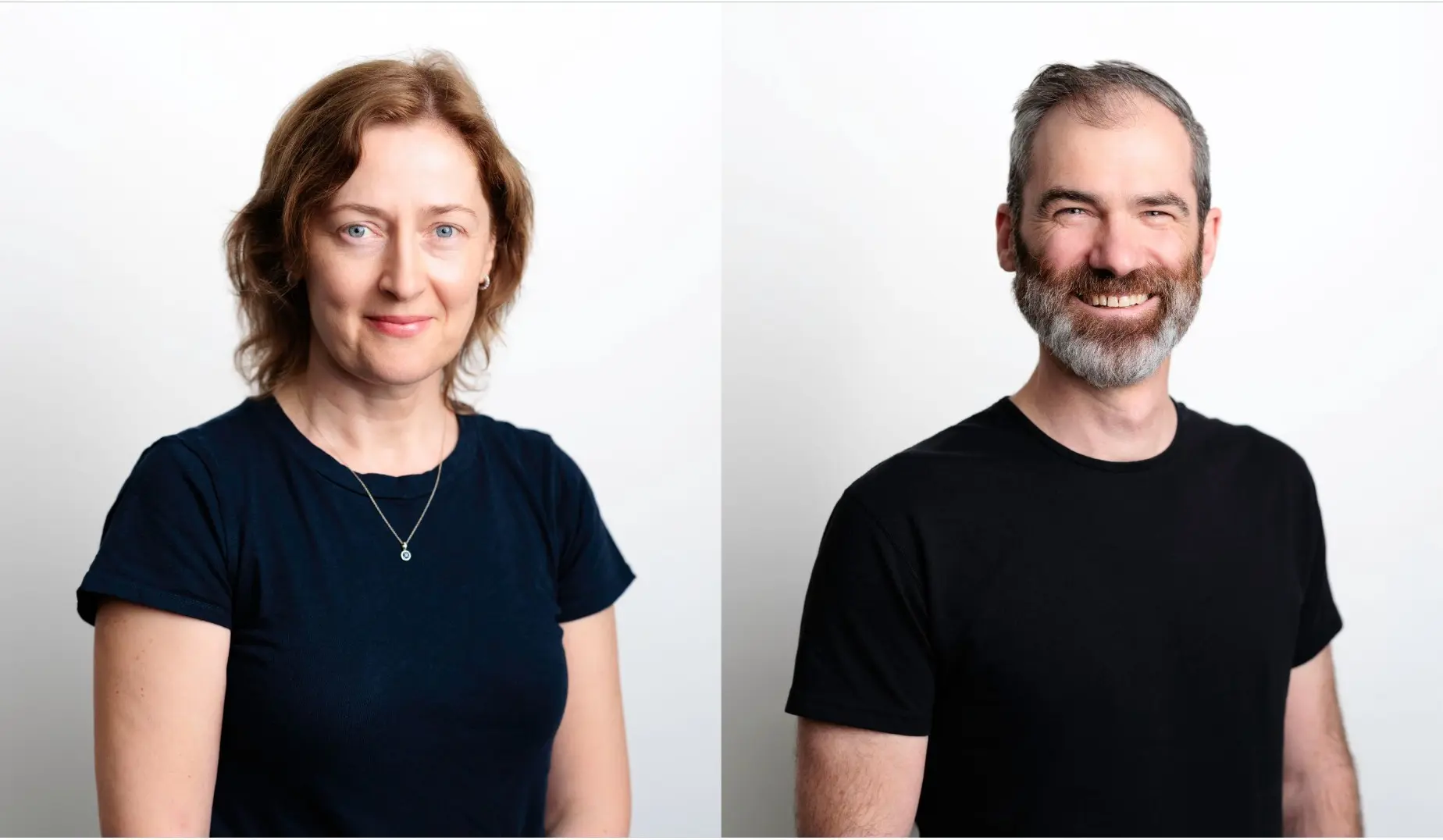 Side-by-side headshots of woman and man against white background
