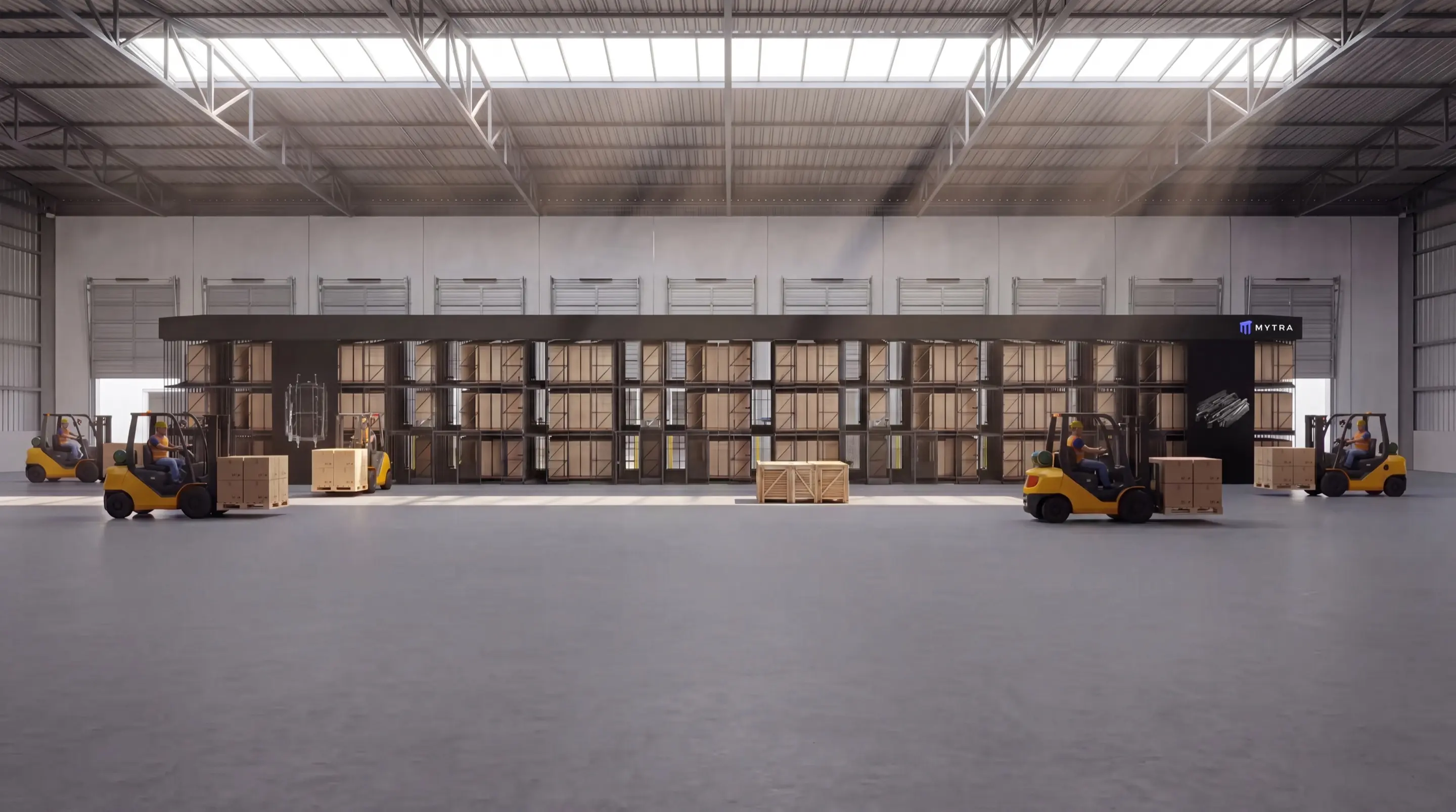 Warehouse with shelving storage system and yellow forklifts moving cargo