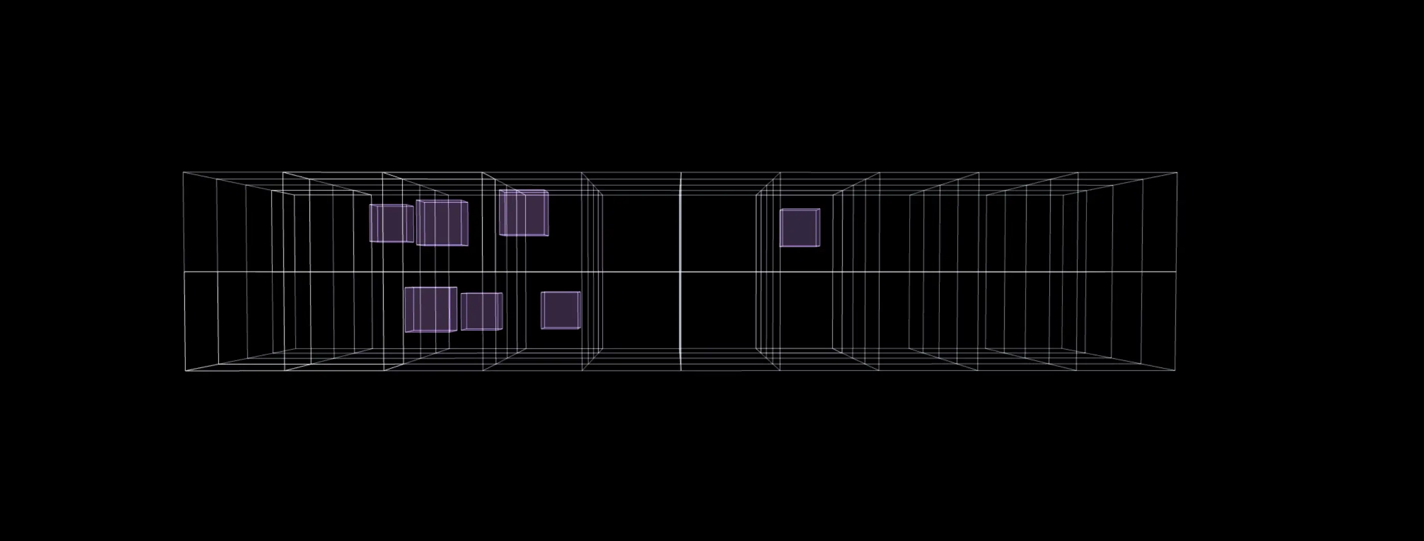 Wireframe perspective view of industrial warehouse space with purple sections