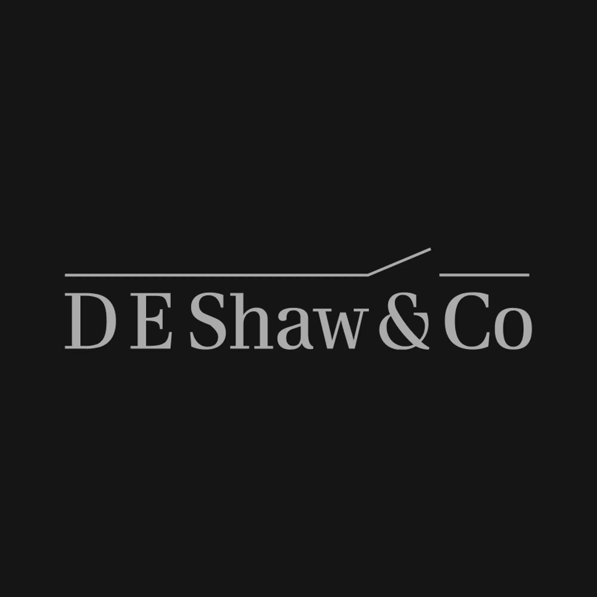 DE Shaw & Co logo in serif font with decorative line flourish on black