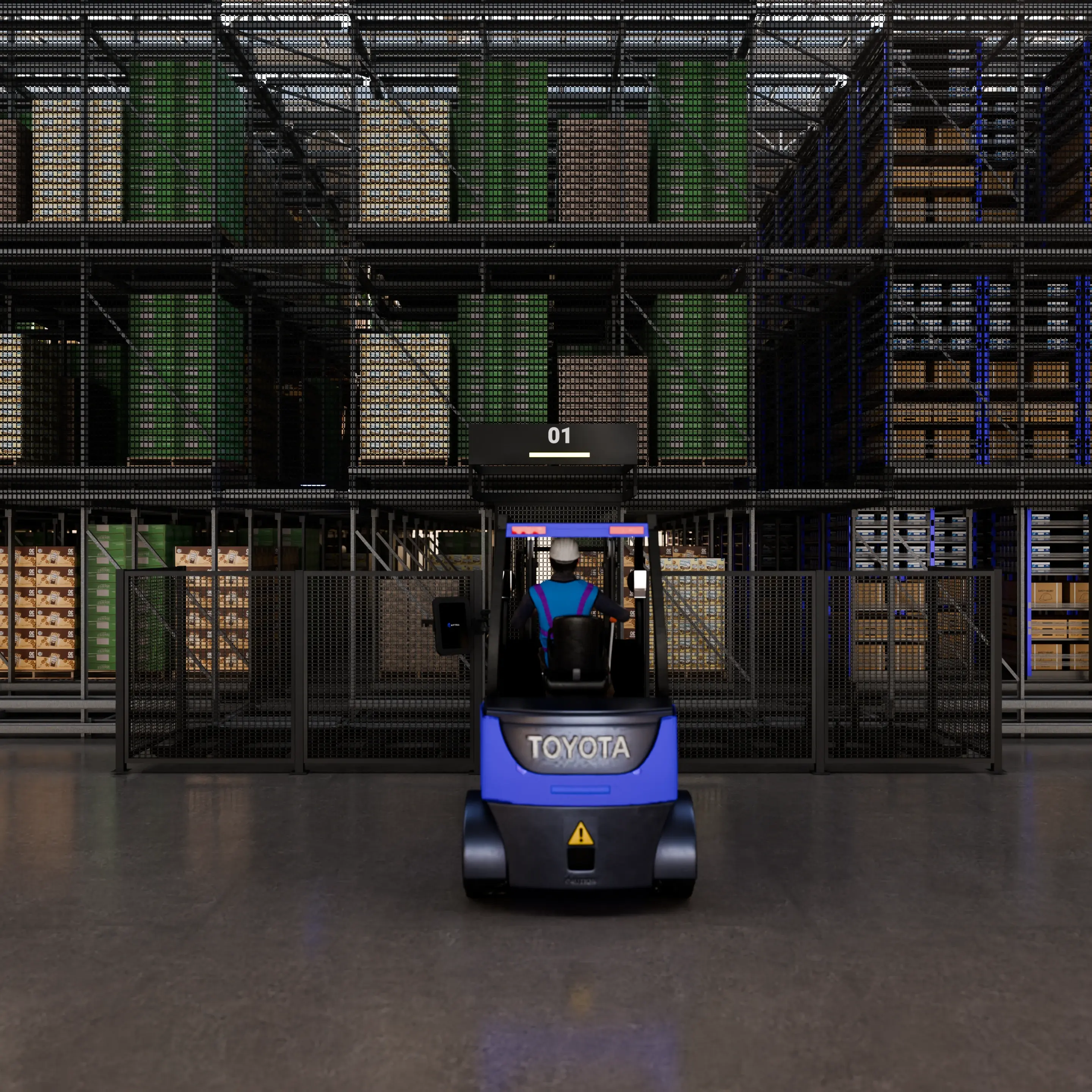 Isometric 3D rendering of automated warehouse operation station with racking
