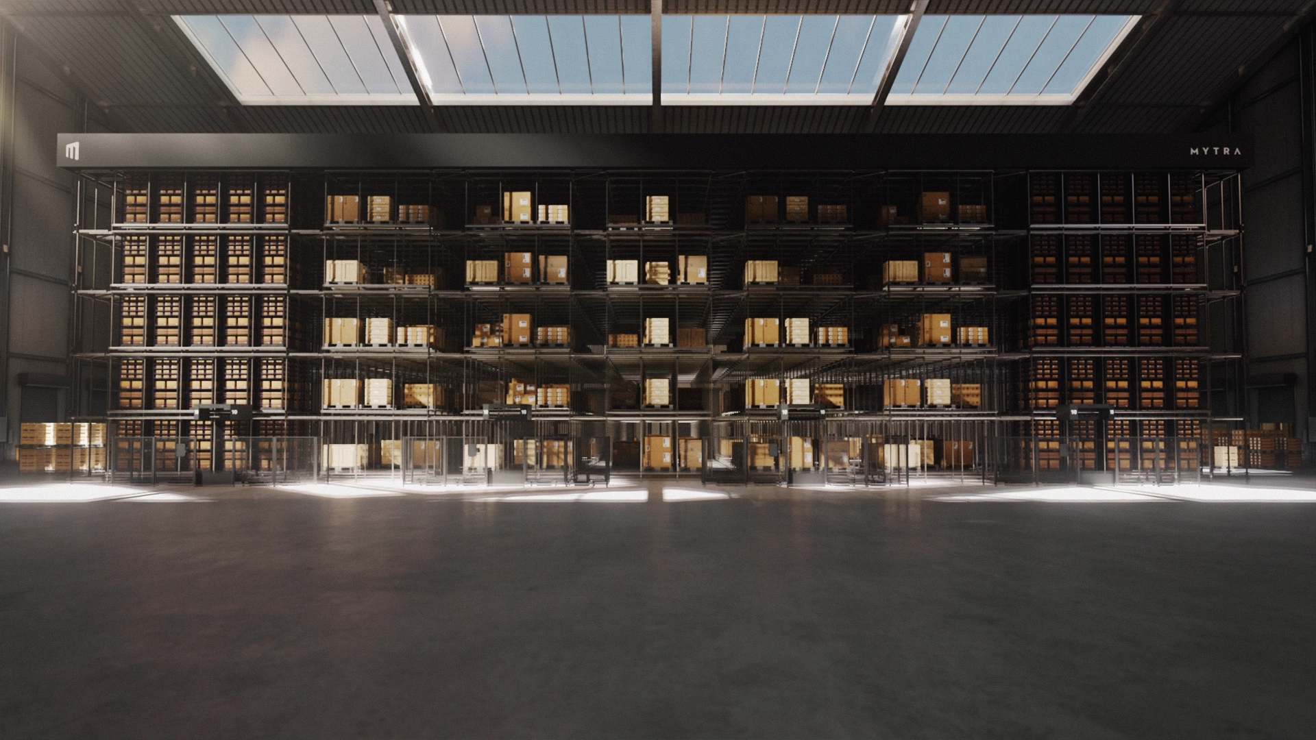 A modern luxury bookstore interior with floor-to-ceiling dark shelving units illuminated by skylight, displaying books and products across multiple levels