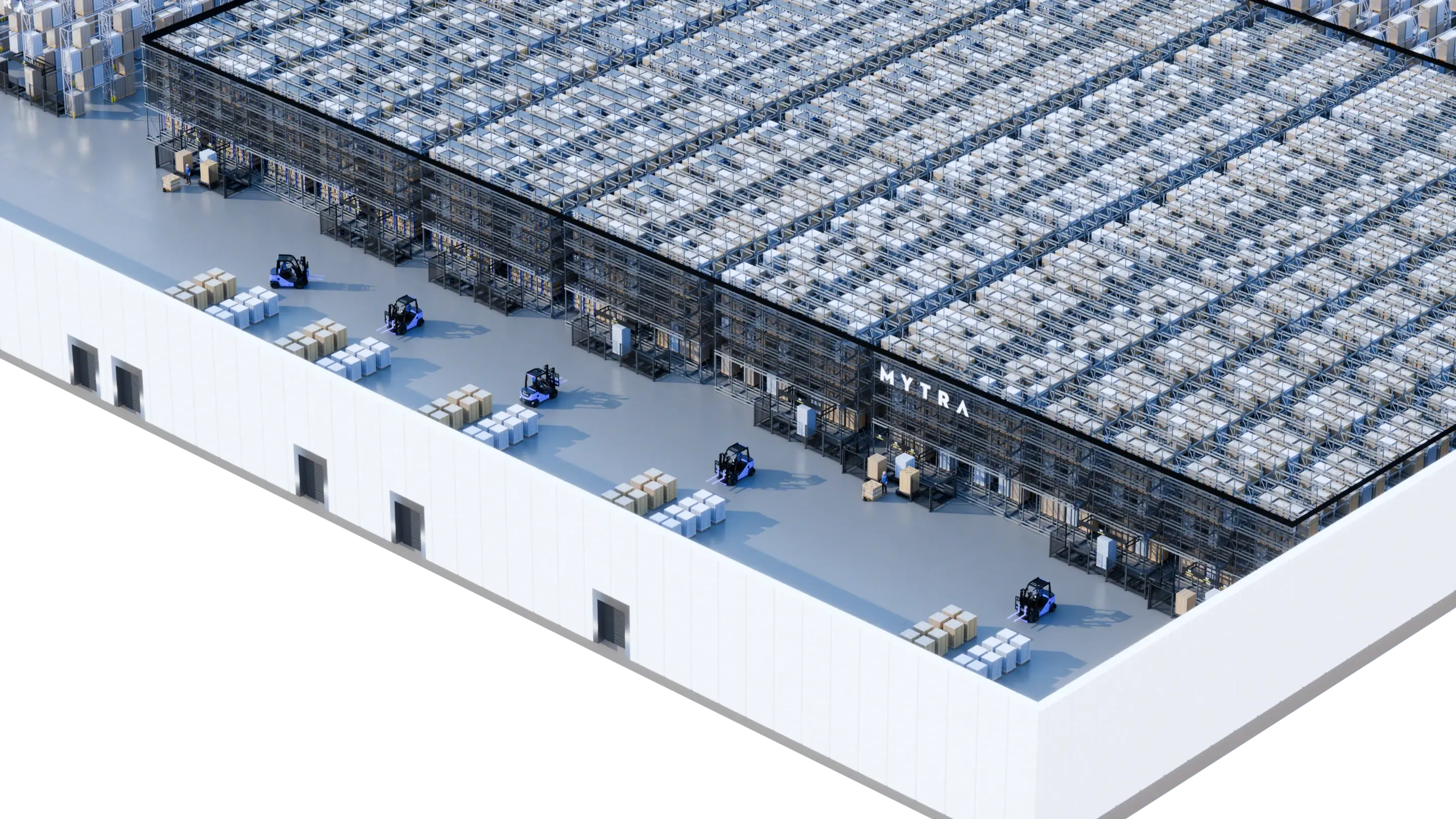 Aerial view of an industrial warehouse rooftop with extensive solar panel array and loading dock area