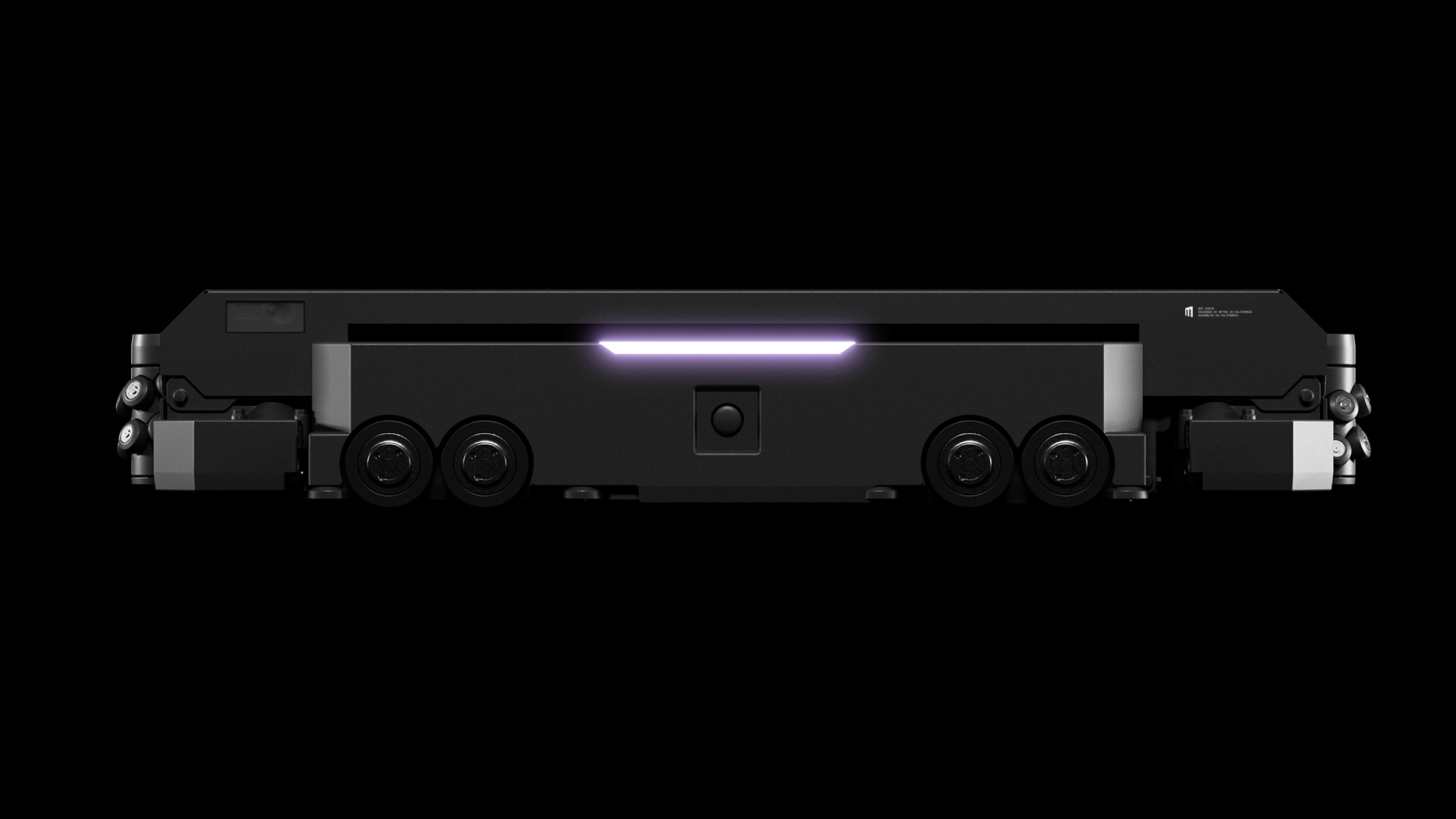 Black autonomous shuttle bus with illuminated roof light strip shown in side profile view