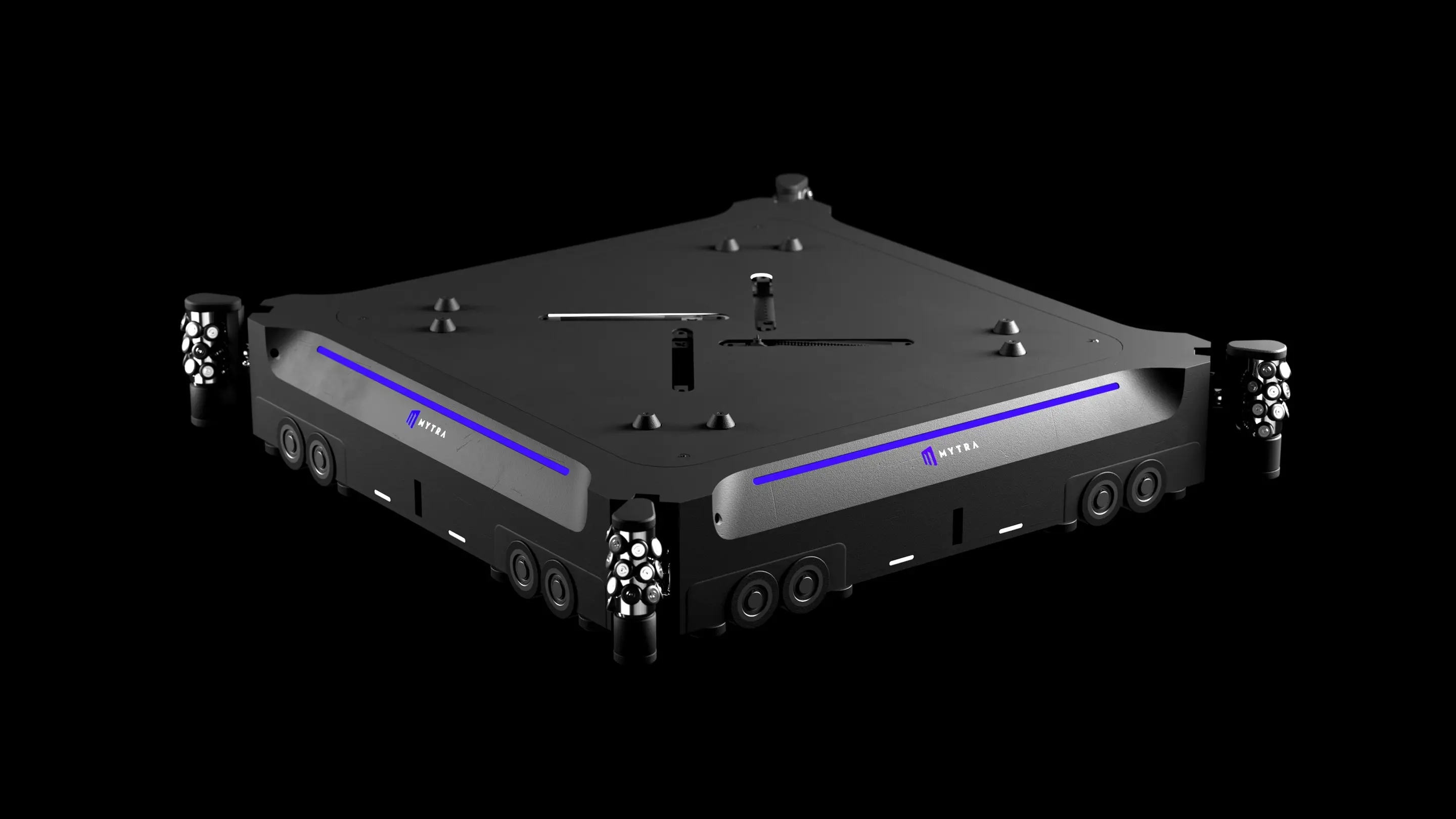 3D rendering of autonomous robotic platform with blue lighting strips and mechanical wheels.