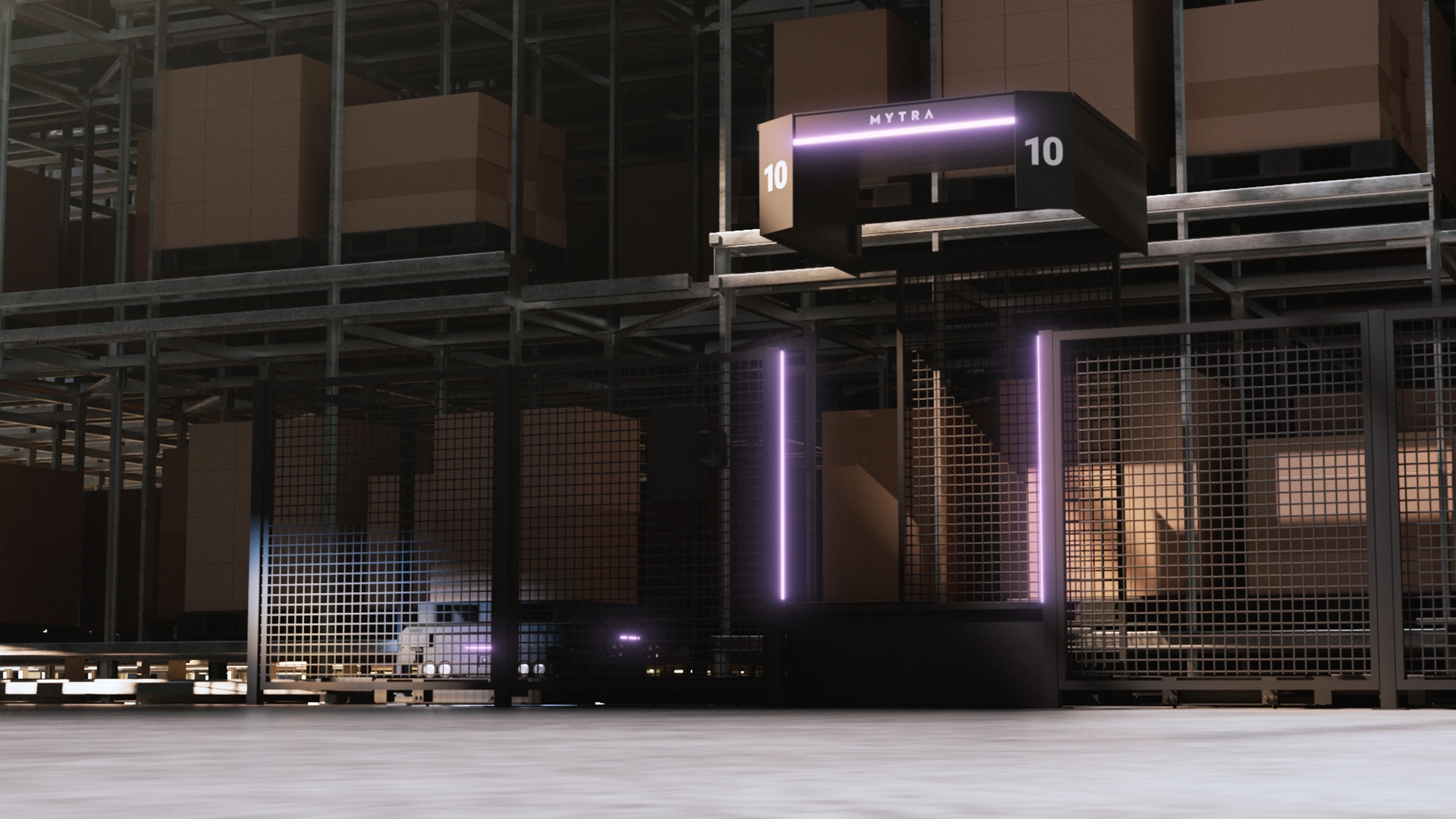 Modern storefront with purple neon lighting and metal mesh panels, numbered 10, in an industrial building