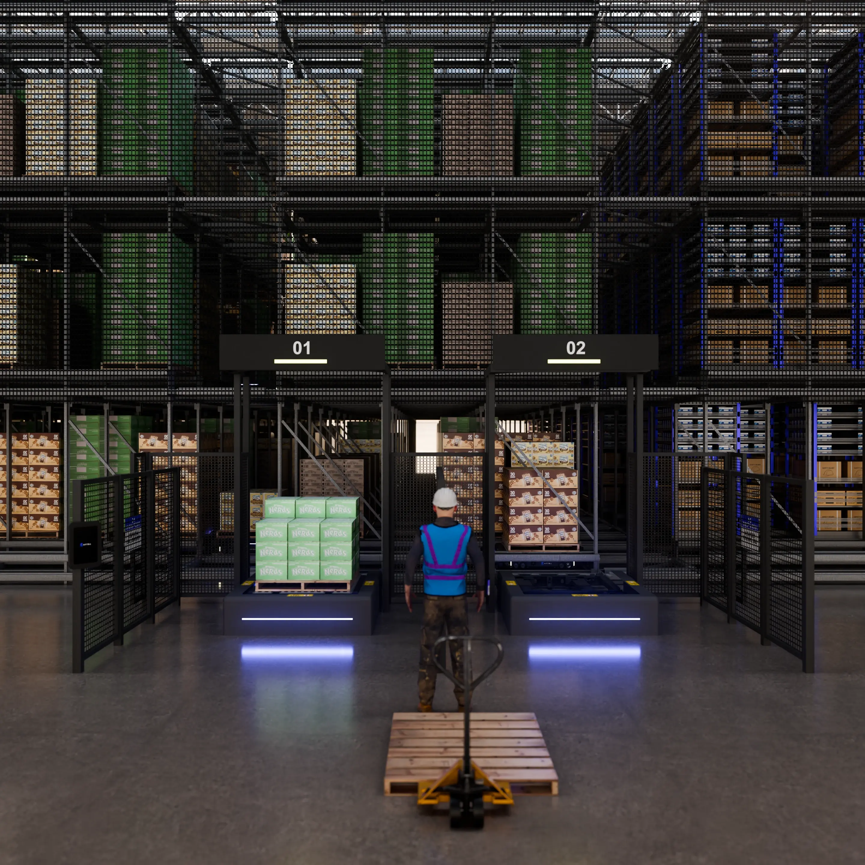 Isometric 3D rendering of warehouse case picking station with pallet locations