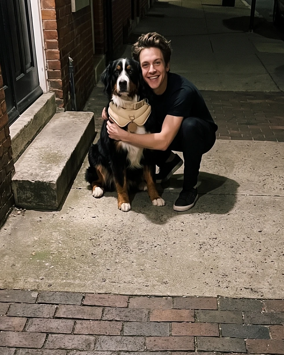 Brian crouched on a stoop with his Bernese mountain dog