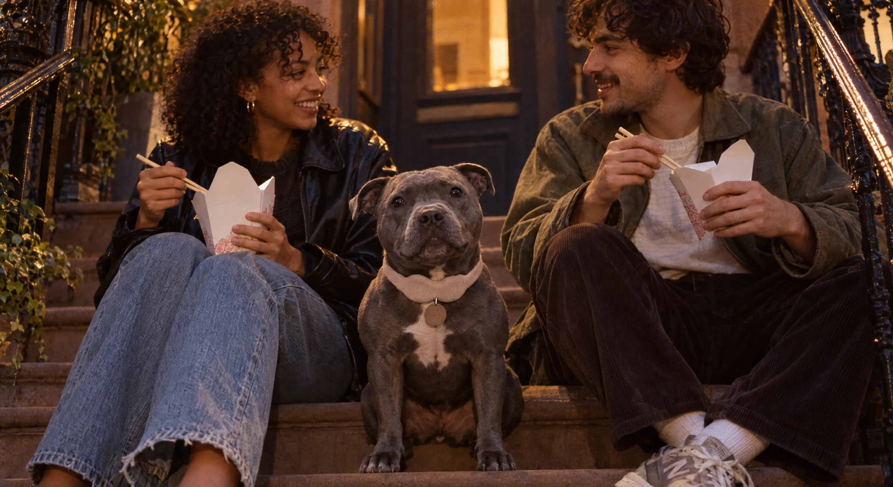 A couple eating takeout on a stoop at dusk, their dog in a Tobi collar between them