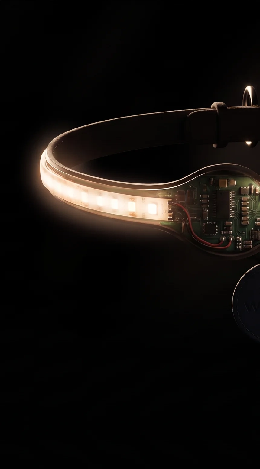 Close-up inside the Tobi collar: the lit LED strip, circuit board and coin cell, glowing on black