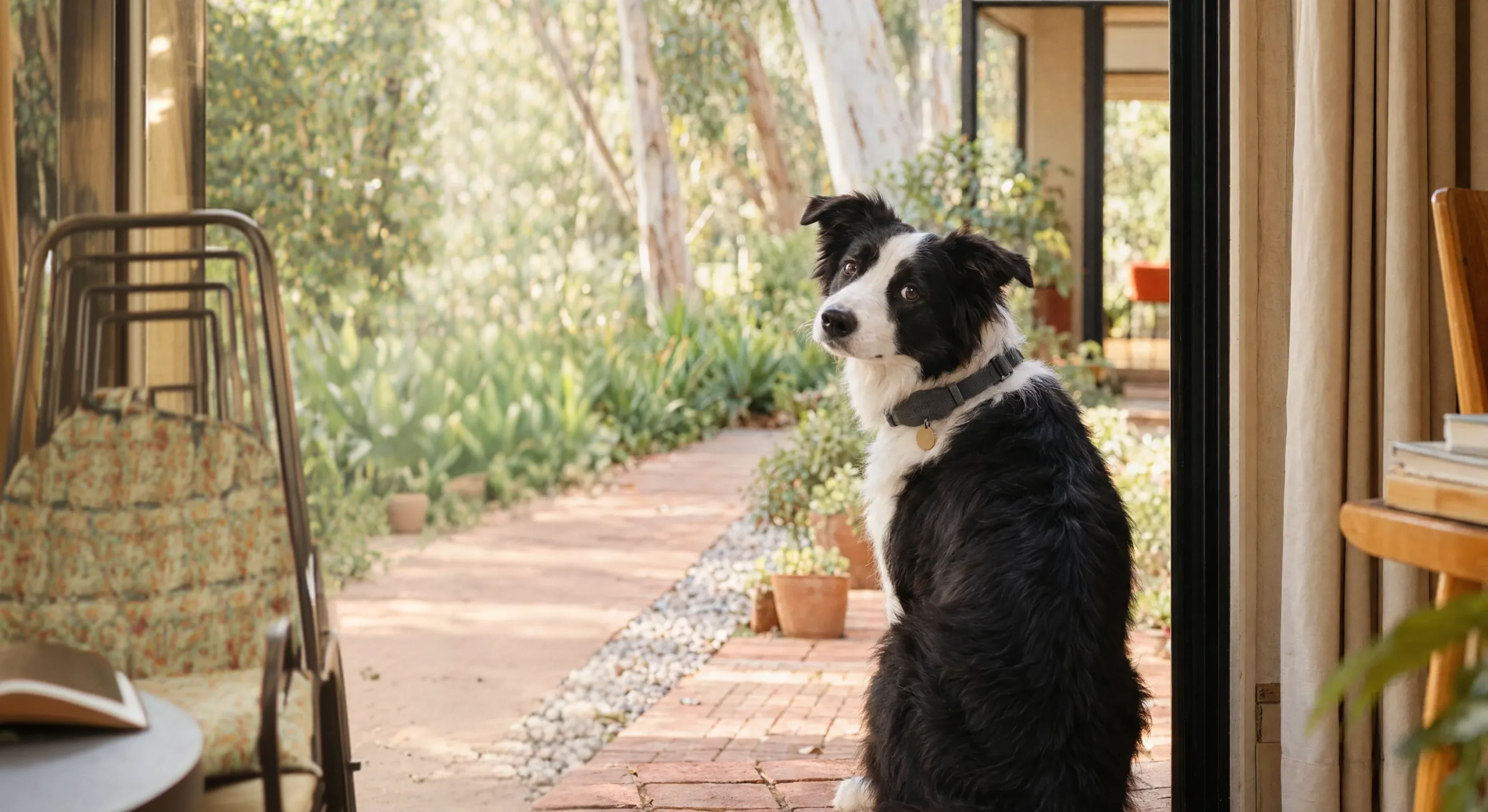 A border collie sitting in a sunlit doorway, looking back