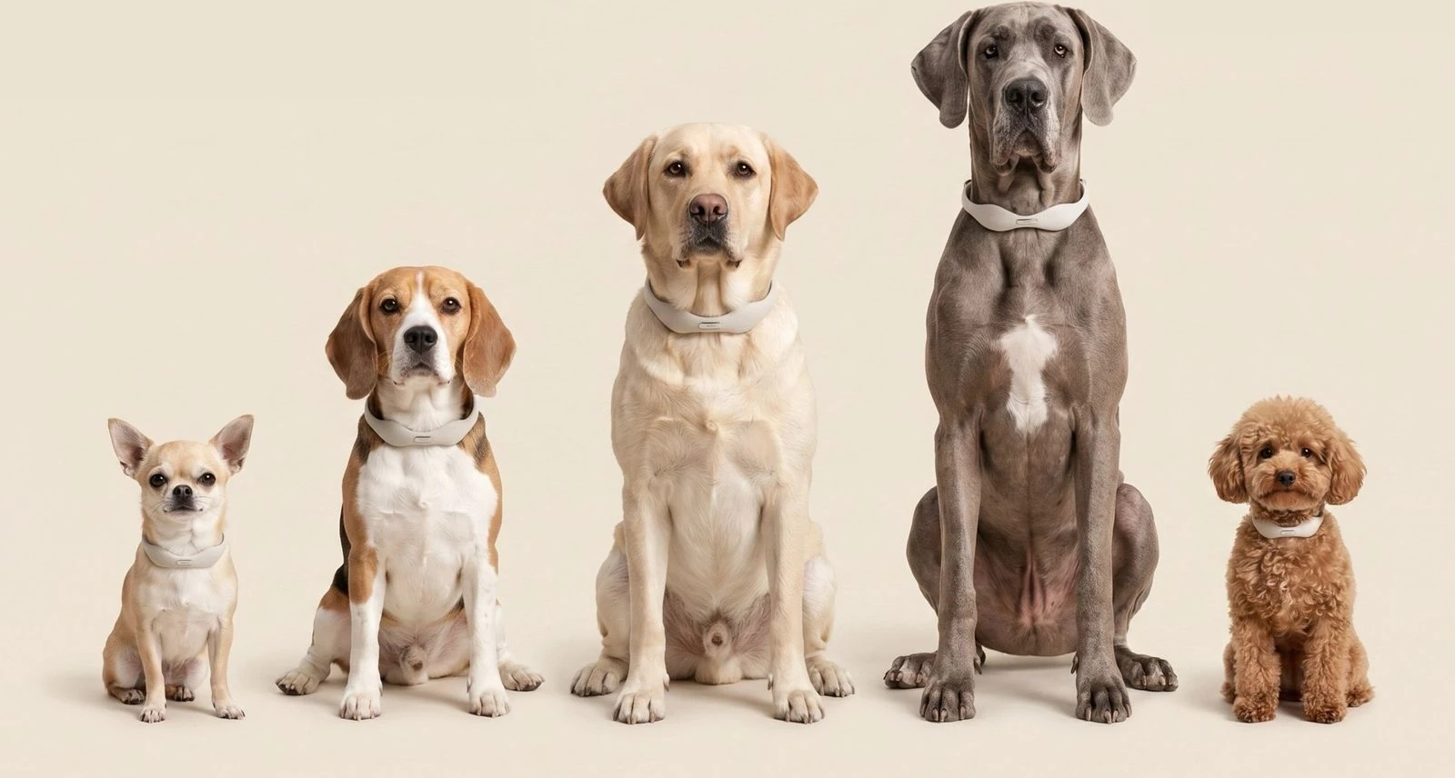 Five dogs side by side, each wearing a Tobi collar