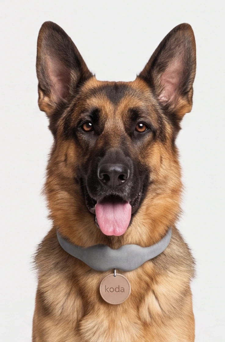 A German shepherd wearing the grey Tobi collar