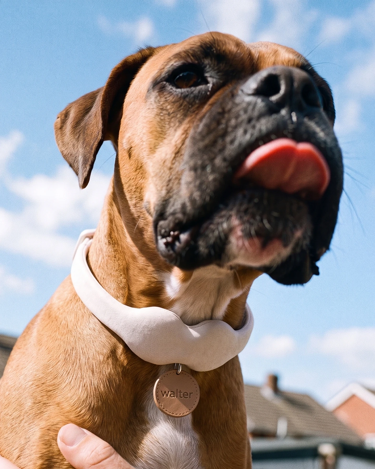 A boxer in a Tobi collar, tongue out, under a blue sky
