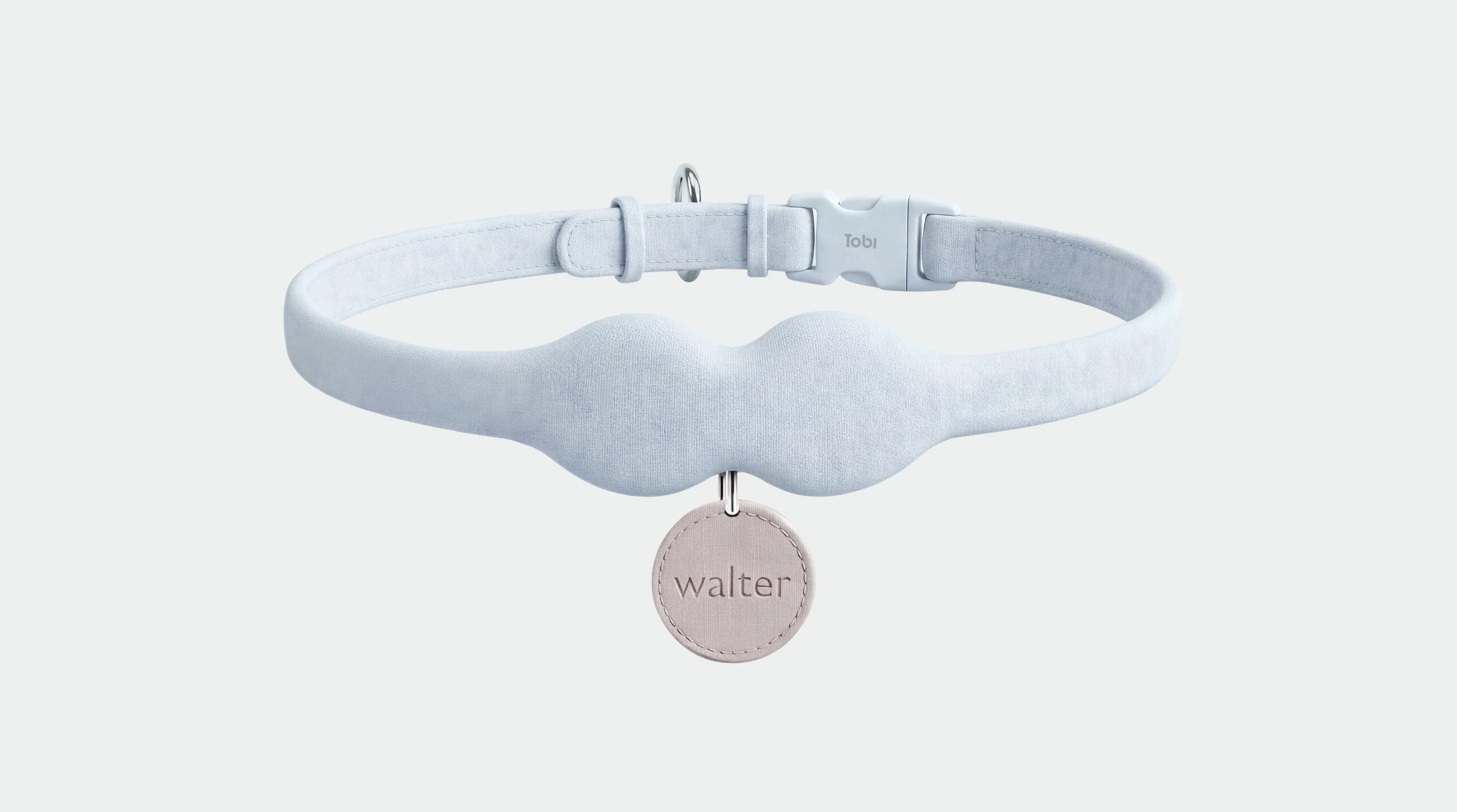 The Tobi collar in sky blue, with a name tag reading walter