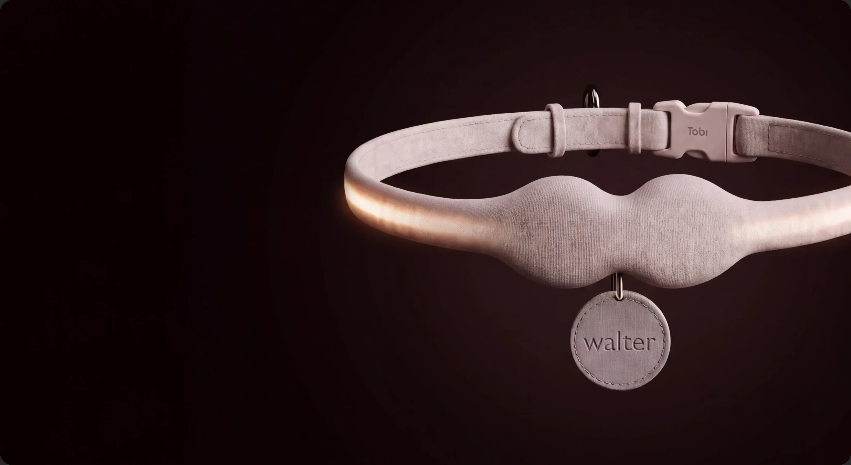 The sand Tobi collar floating in the dark, its light strip glowing along the underside, the tag reading walter