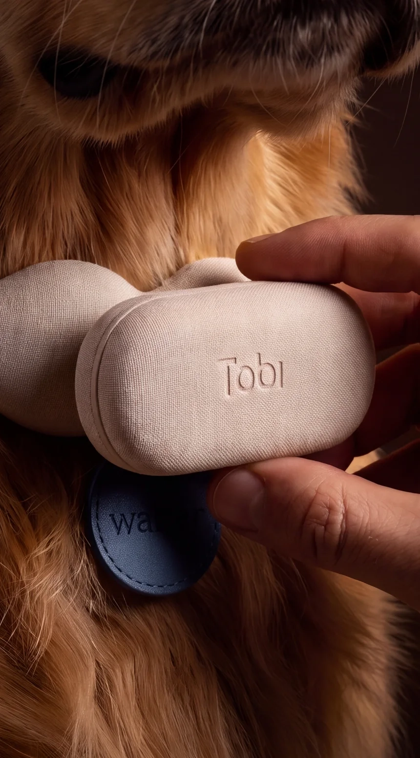 A hand holding the Tobi battery pill against a golden retriever's chest, close up