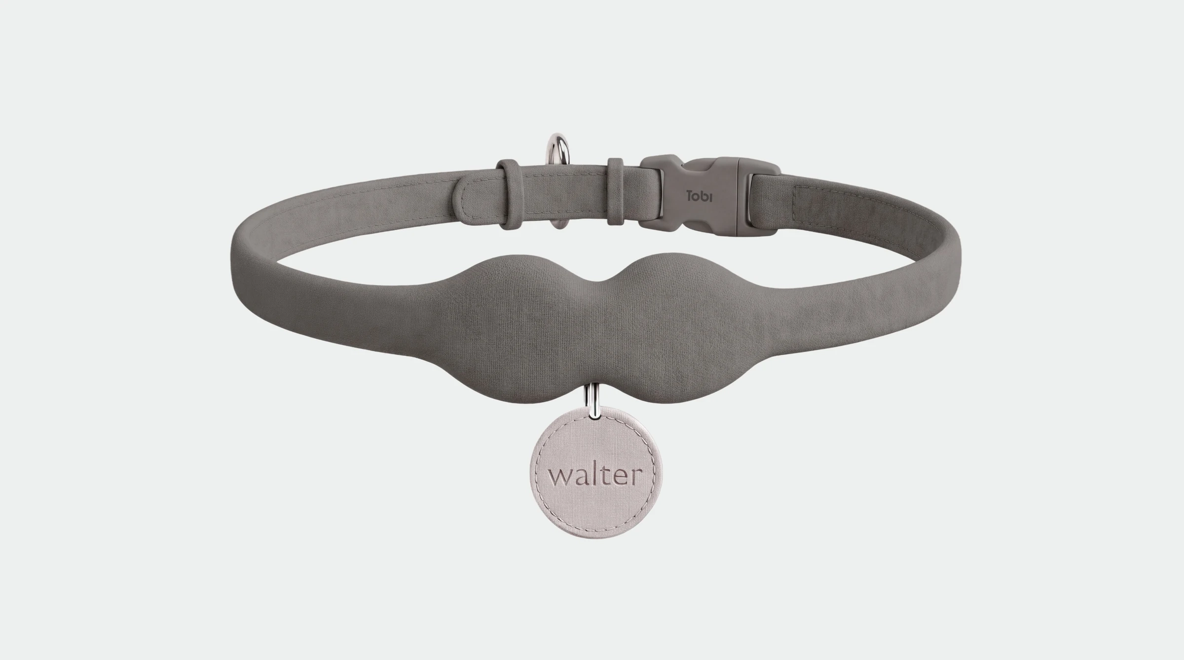 The Tobi collar in slate, with a name tag reading walter